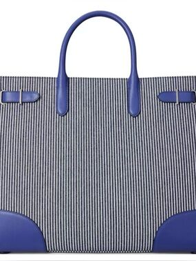Lauren Ralph Lauren Striped Canvas Tote with Royal Blue Leather Trim